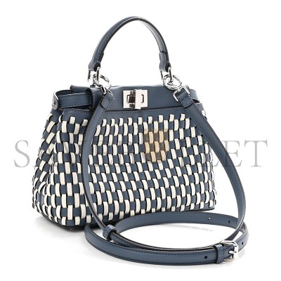 FENDI CALFSKIN WOVEN MINI PEEKABOO ICONIC SATCHEL MIRTO WHITE ICE (24*18.5*10.5cm) 